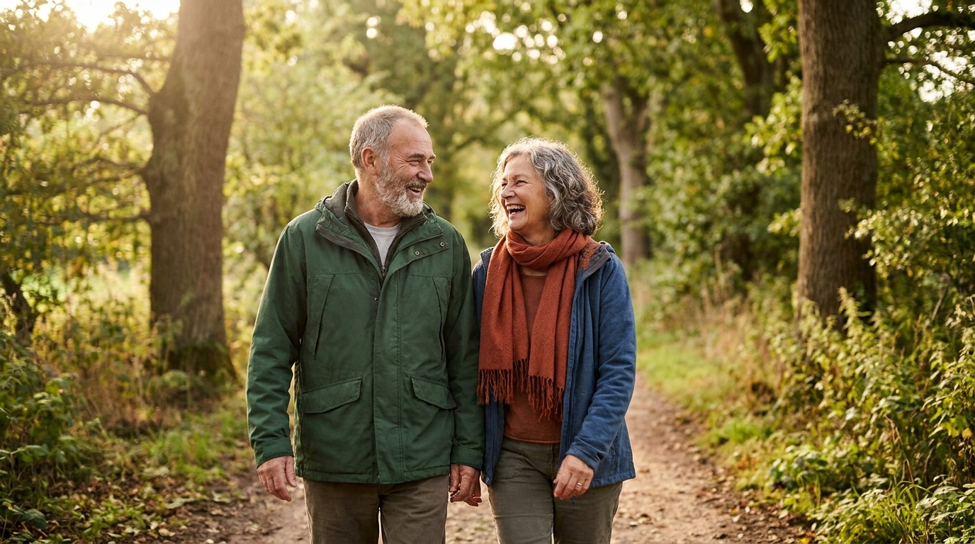 Una pareja mayor, sana y sonriente, caminando junta por un sendero arbolado bajo la cálida luz de la tarde.