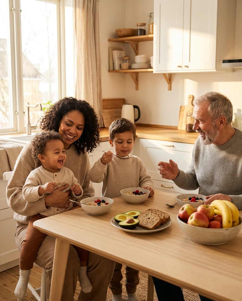 Una familia en una cocina luminosa compartiendo una comida saludable, tres generaciones riendo bajo una cálida luz natural.