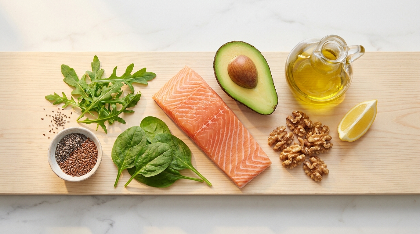 Vista desde arriba de alimentos ricos en omega-3: salmón, aguacate, nueces, aceite de oliva y verduras de hoja verde, sobre una mesa de madera clara con luz natural.